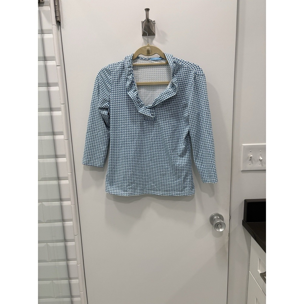 Women's J. McLaughlin Blue Geometric Ruffle V-Neck 3/4 Sleeve Blouse Size XS